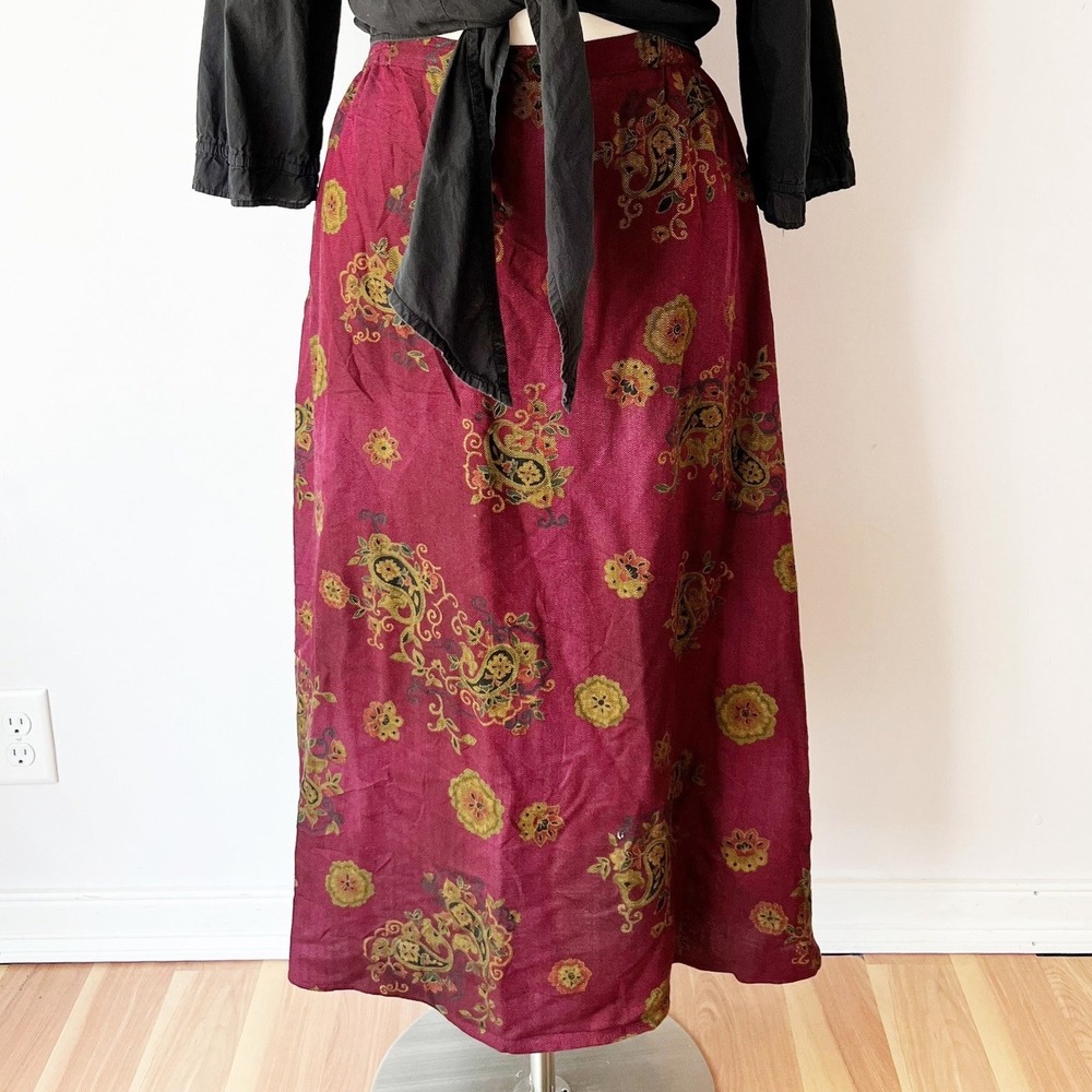 Size 1X Vintage Paisley Maxi Skirt Burgundy Herringbone Made in USA 90s Earthy
